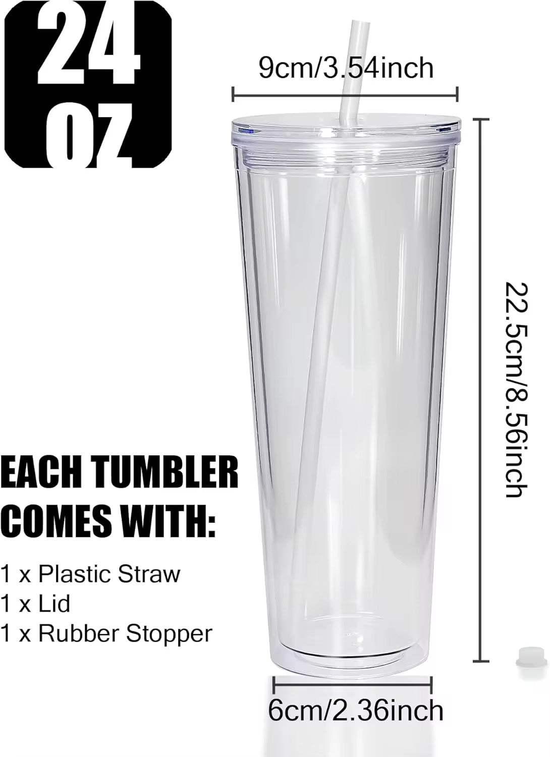 Double Wall Clear Insulated Pre Drilled Tumbler - 24oz