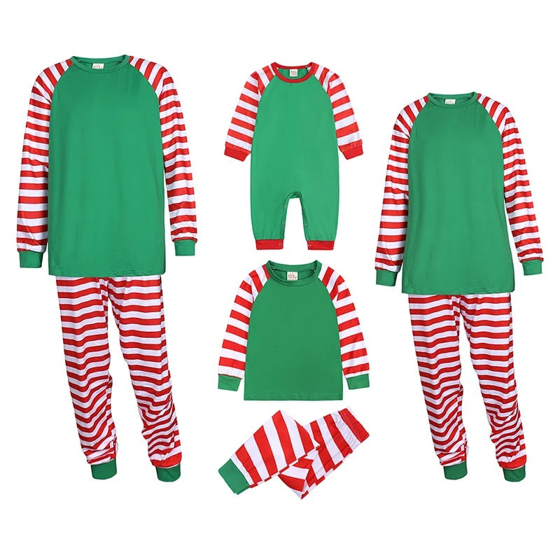 Sublimation Green & red matching Christmas stripe cane pyjamas set