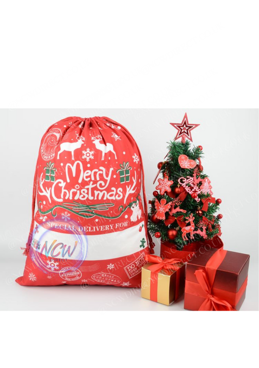 Pre Printed Large Xmas Gift Bag Linen Drawstring Christmas